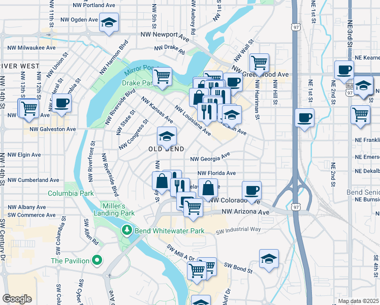 map of restaurants, bars, coffee shops, grocery stores, and more near 407 Northwest Staats Street in Bend