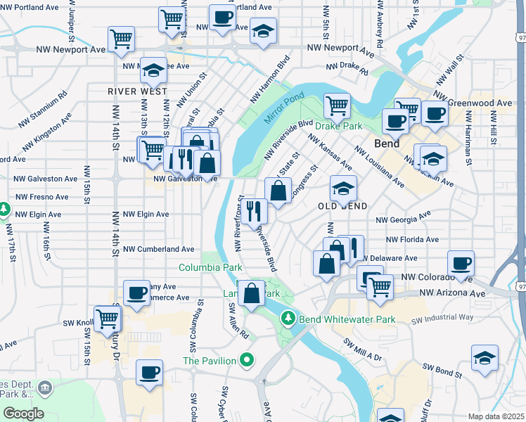 map of restaurants, bars, coffee shops, grocery stores, and more near 360 Northwest Riverside Boulevard in Bend