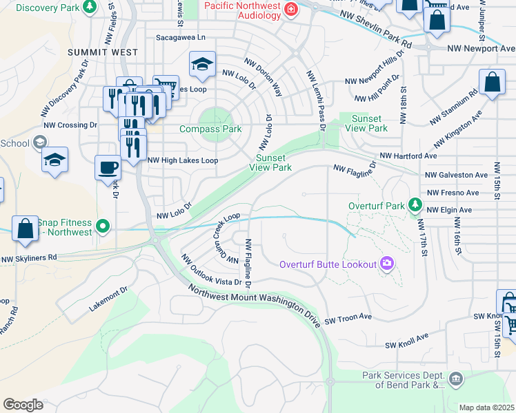 map of restaurants, bars, coffee shops, grocery stores, and more near 356 Northwest Flagline Drive in Bend