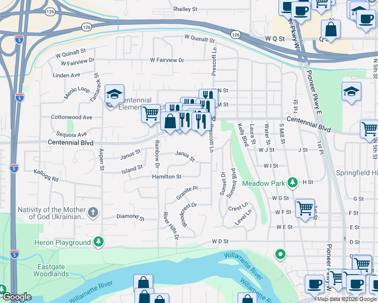 map of restaurants, bars, coffee shops, grocery stores, and more near 546 Janus Street in Springfield
