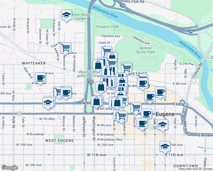 map of restaurants, bars, coffee shops, grocery stores, and more near 442 Lawrence Street in Eugene