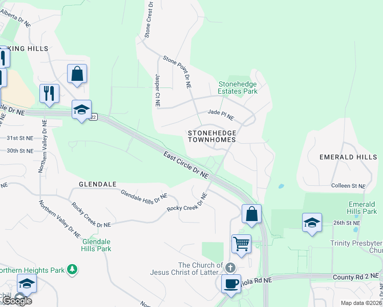 map of restaurants, bars, coffee shops, grocery stores, and more near 3041 Stonehedge Drive Northeast in Rochester