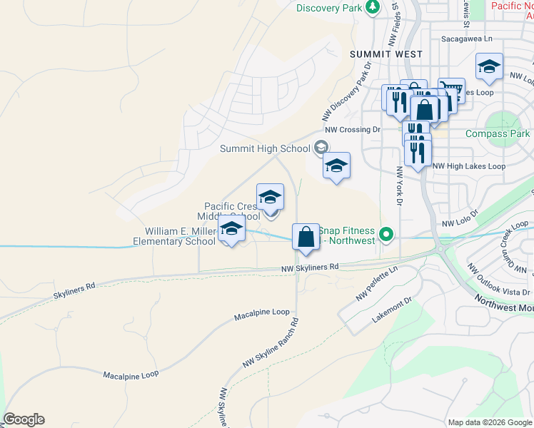 map of restaurants, bars, coffee shops, grocery stores, and more near 19100 Skyliners Road in Bend