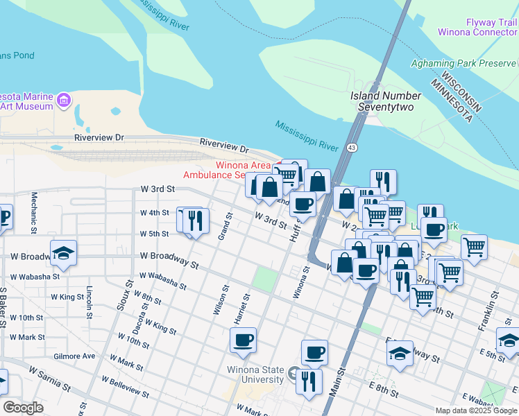 map of restaurants, bars, coffee shops, grocery stores, and more near 370 West 3rd Street in Winona