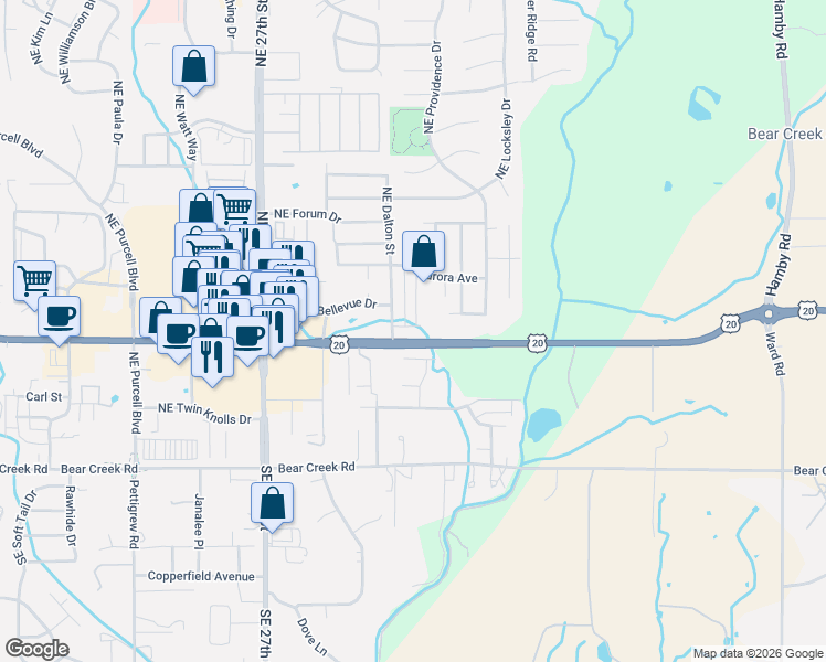 map of restaurants, bars, coffee shops, grocery stores, and more near 21312 U.S. 20 in Bend