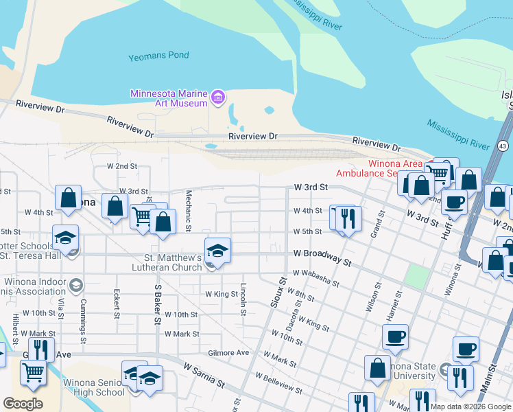 map of restaurants, bars, coffee shops, grocery stores, and more near 679 West 4th Street in Winona