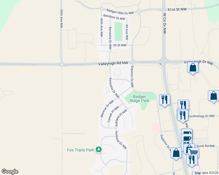map of restaurants, bars, coffee shops, grocery stores, and more near 3072 River Falls Court Northwest in Rochester