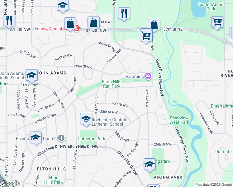 map of restaurants, bars, coffee shops, grocery stores, and more near 2929 7th Ave NW in Rochester