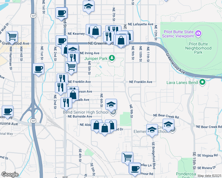 map of restaurants, bars, coffee shops, grocery stores, and more near 662 Northeast Emerson Avenue in Bend