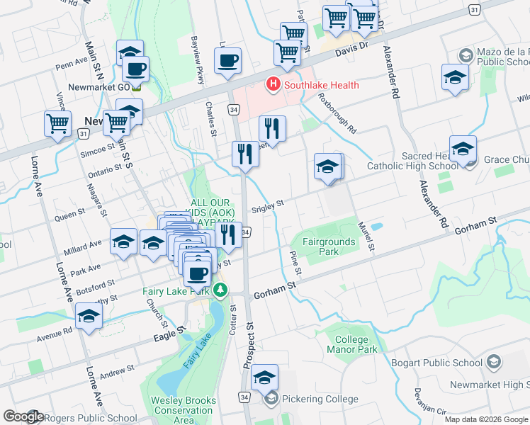 map of restaurants, bars, coffee shops, grocery stores, and more near 161 Charlotte Street South in Newmarket