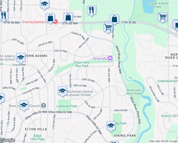 map of restaurants, bars, coffee shops, grocery stores, and more near 2929 7th Avenue Northwest in Rochester