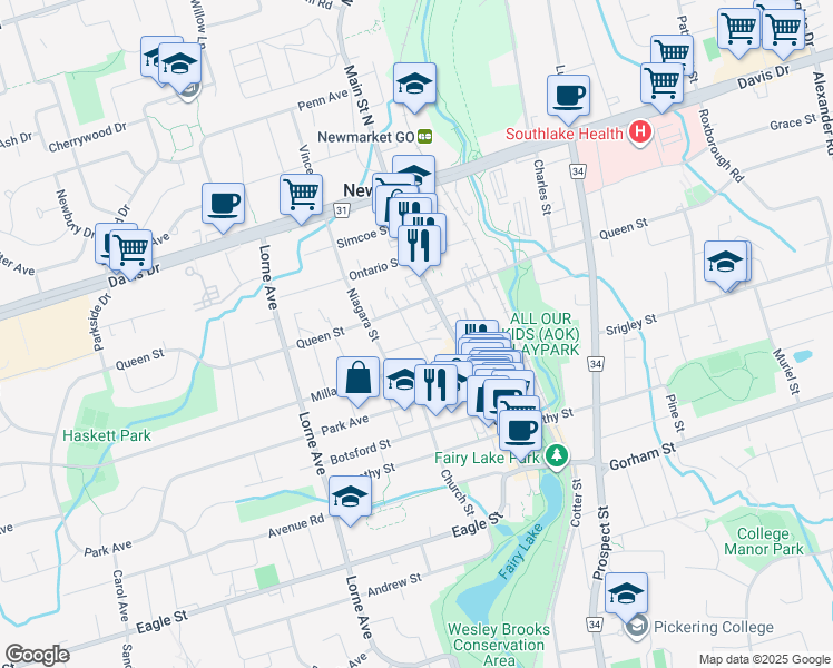 map of restaurants, bars, coffee shops, grocery stores, and more near 115 Raglan Street in Newmarket