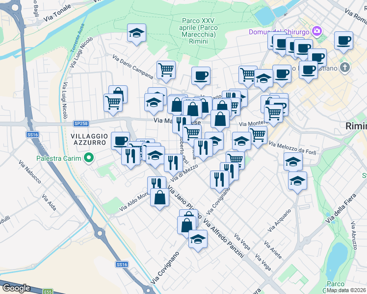 map of restaurants, bars, coffee shops, grocery stores, and more near 29 Via Sebastiano Vanzi in Rimini