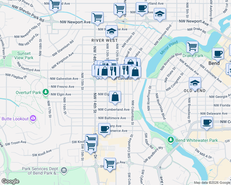 map of restaurants, bars, coffee shops, grocery stores, and more near 1205 Northwest Elgin Avenue in Bend