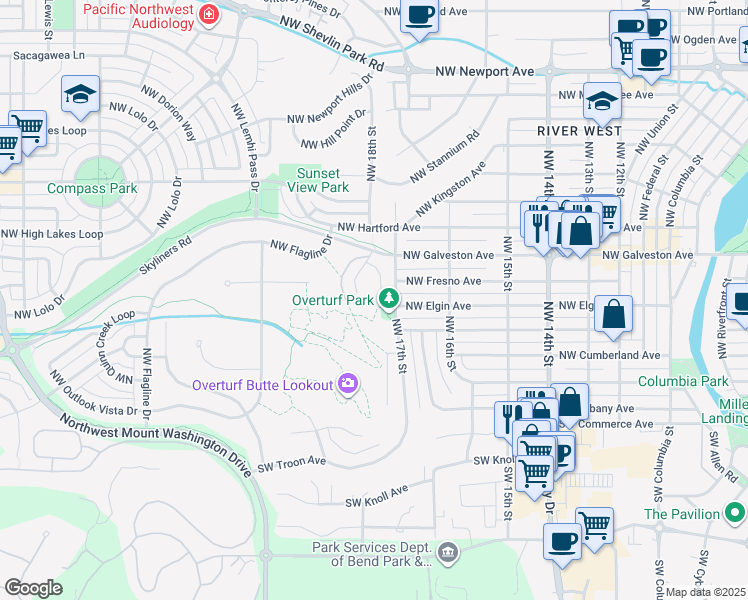 map of restaurants, bars, coffee shops, grocery stores, and more near 535 Northwest Sean Court in Bend