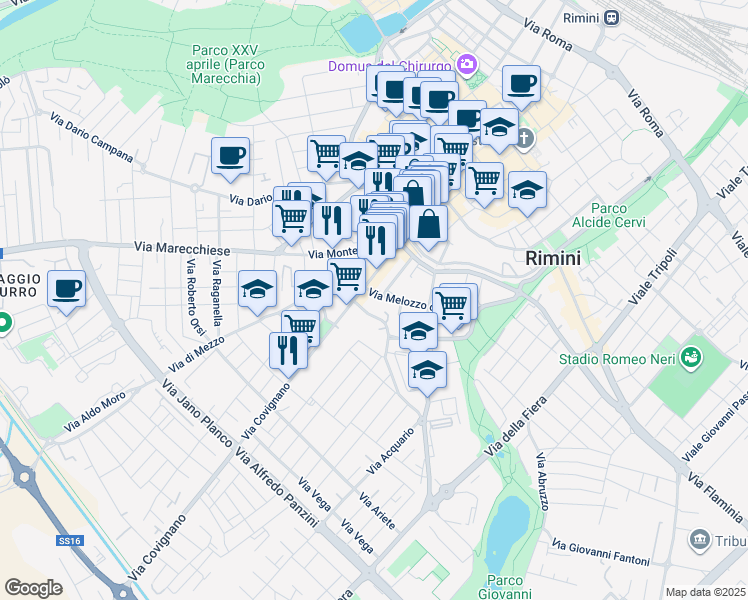 map of restaurants, bars, coffee shops, grocery stores, and more near 32 Via Monte Titano in Rimini