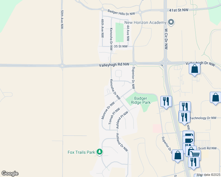 map of restaurants, bars, coffee shops, grocery stores, and more near 3072 River Falls Court Northwest in Rochester
