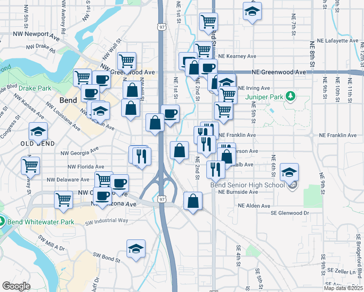 map of restaurants, bars, coffee shops, grocery stores, and more near 126 Northeast Emerson Avenue in Bend