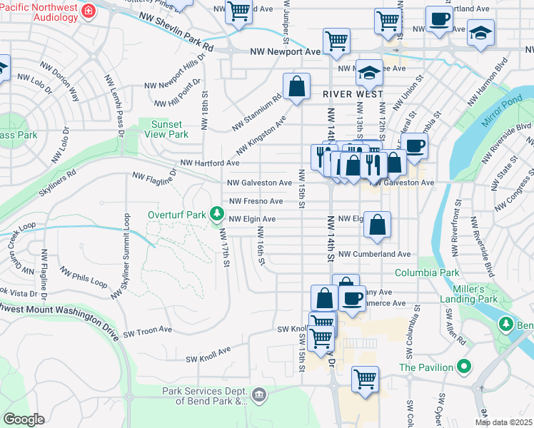 map of restaurants, bars, coffee shops, grocery stores, and more near 1567 Northwest Elgin Avenue in Bend