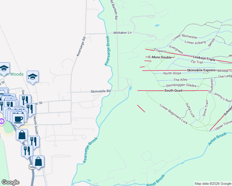 map of restaurants, bars, coffee shops, grocery stores, and more near 20 Cranmore Road in North Conway