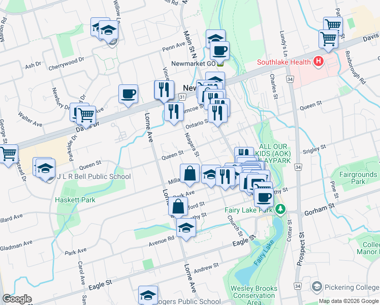 map of restaurants, bars, coffee shops, grocery stores, and more near 378 Queen Street in Newmarket