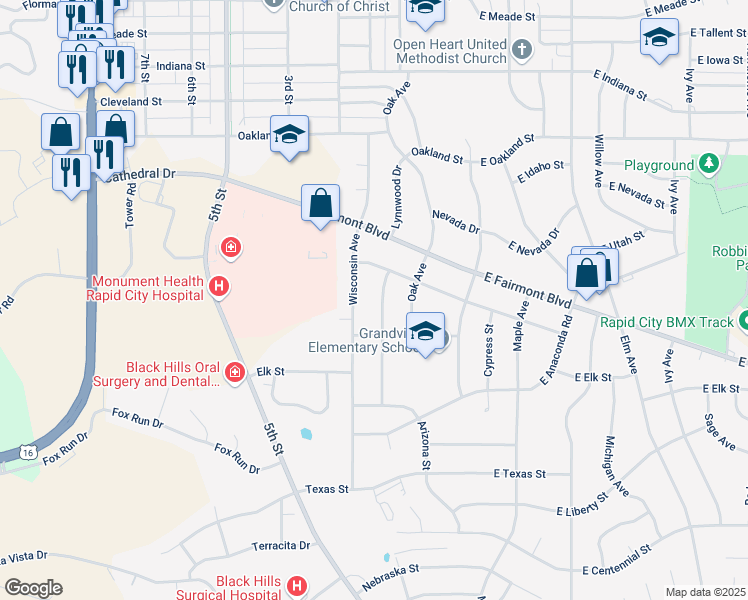 map of restaurants, bars, coffee shops, grocery stores, and more near 3108 Wisconsin Avenue in Rapid City