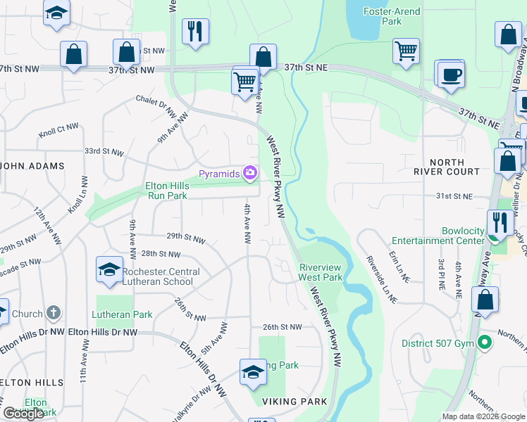map of restaurants, bars, coffee shops, grocery stores, and more near 2928 4th Avenue Northwest in Rochester