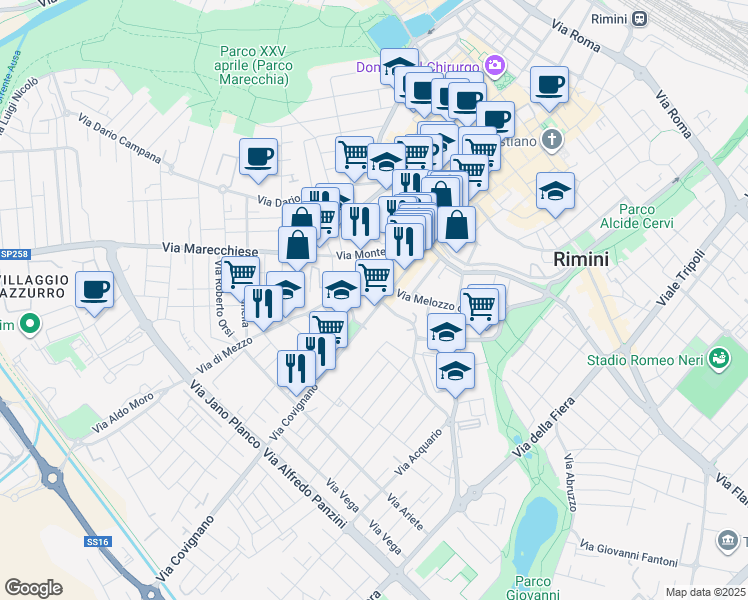 map of restaurants, bars, coffee shops, grocery stores, and more near 12 Via Covignano in Rimini
