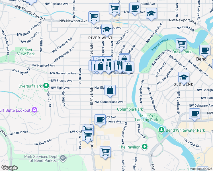 map of restaurants, bars, coffee shops, grocery stores, and more near 1205 Northwest Elgin Avenue in Bend