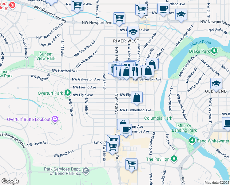 map of restaurants, bars, coffee shops, grocery stores, and more near in Bend