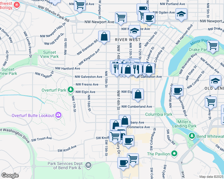 map of restaurants, bars, coffee shops, grocery stores, and more near 1469 Northwest Elgin Avenue in Bend
