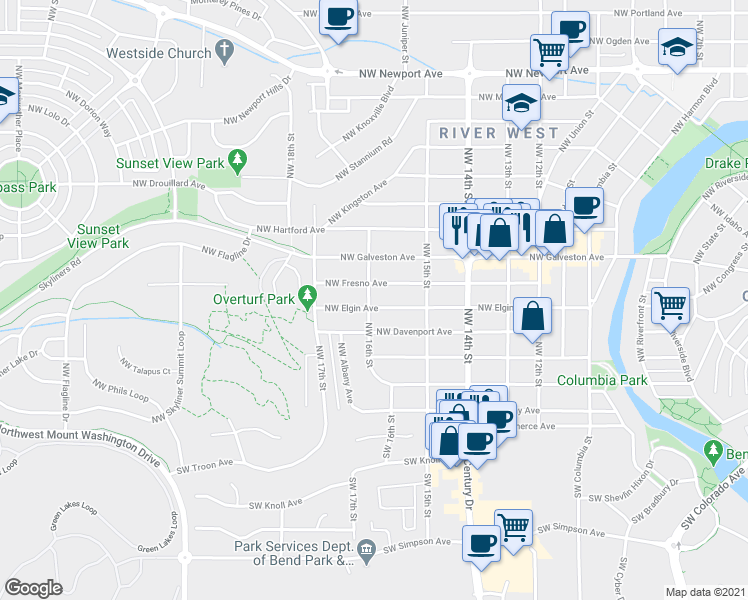 map of restaurants, bars, coffee shops, grocery stores, and more near 1615 Northwest Elgin Avenue in Bend
