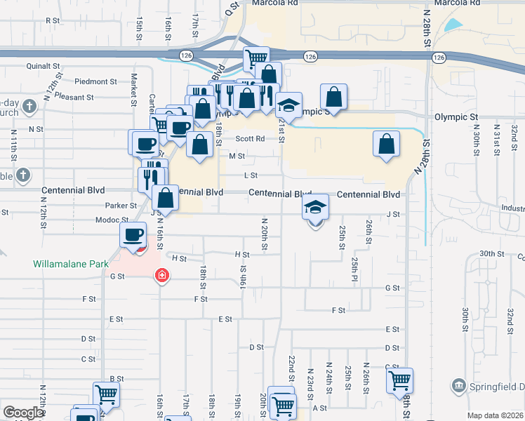 map of restaurants, bars, coffee shops, grocery stores, and more near 1995 J Street in Springfield