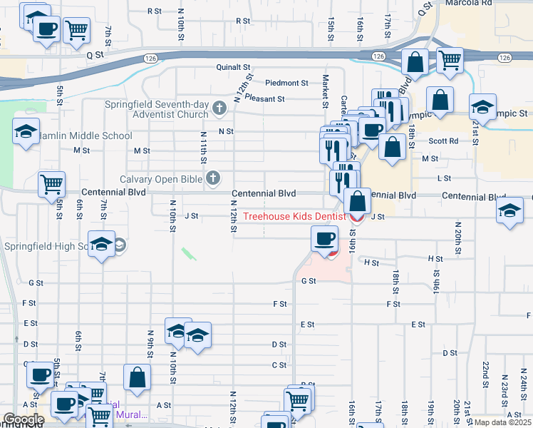 map of restaurants, bars, coffee shops, grocery stores, and more near 1272 Modoc Street in Springfield
