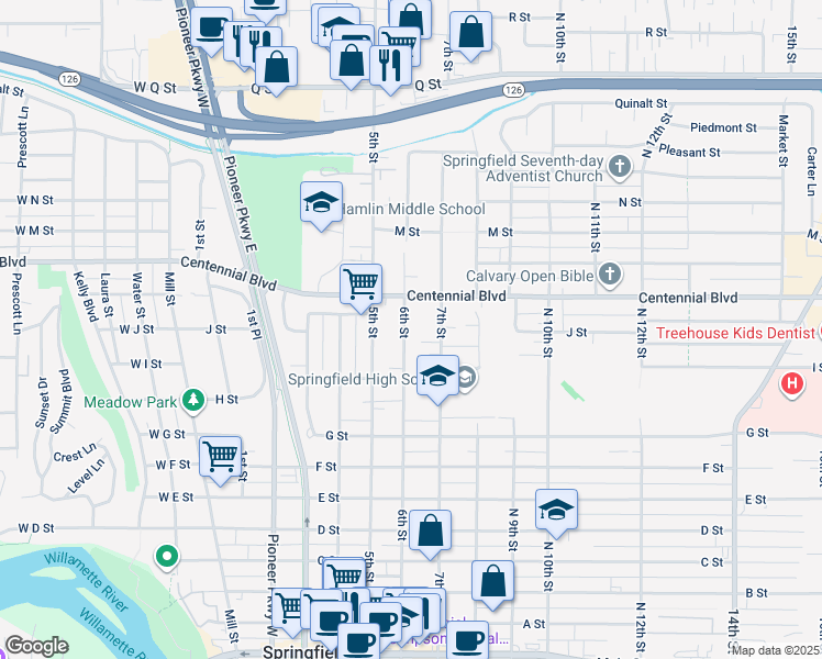 map of restaurants, bars, coffee shops, grocery stores, and more near 1105 6th Street in Springfield
