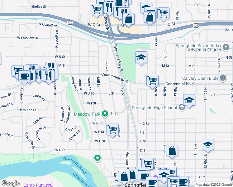map of restaurants, bars, coffee shops, grocery stores, and more near 1050 1st Street in Springfield