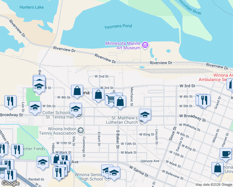 map of restaurants, bars, coffee shops, grocery stores, and more near 185 North Baker Street in Winona