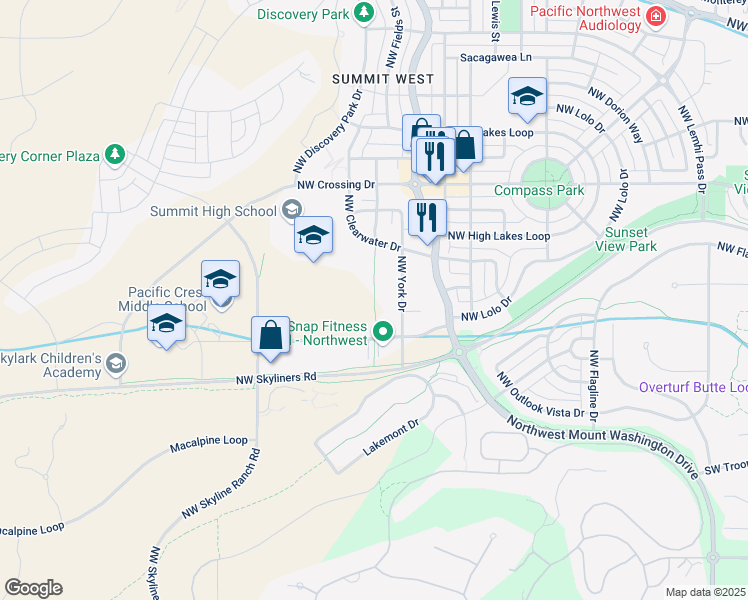map of restaurants, bars, coffee shops, grocery stores, and more near Discovery Trail in Bend