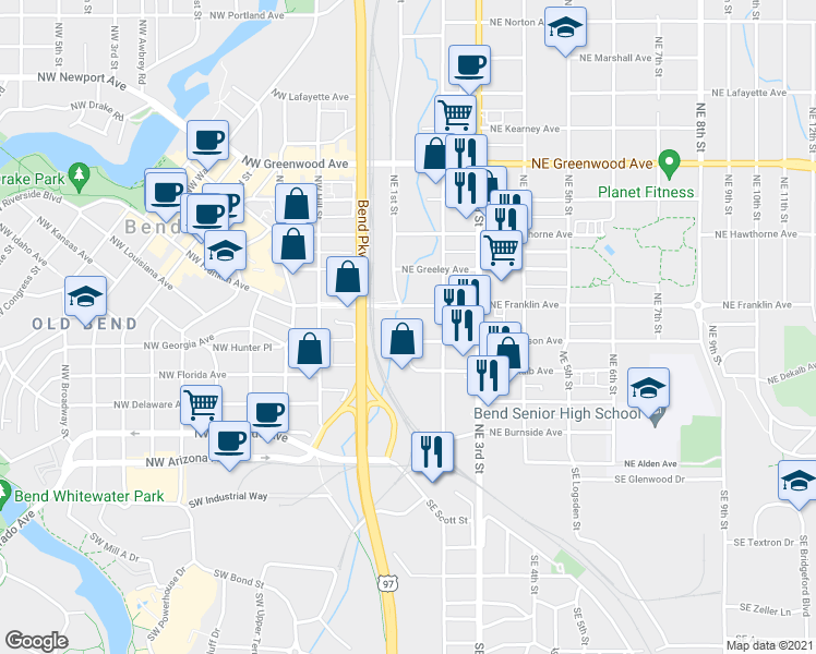 map of restaurants, bars, coffee shops, grocery stores, and more near 126 Northeast Emerson Avenue in Bend