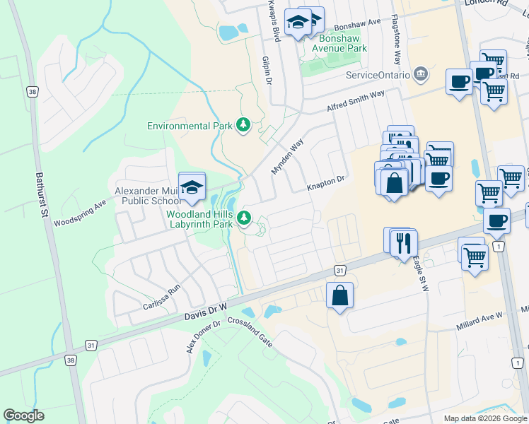 map of restaurants, bars, coffee shops, grocery stores, and more near 130 Tango Crescent in Newmarket