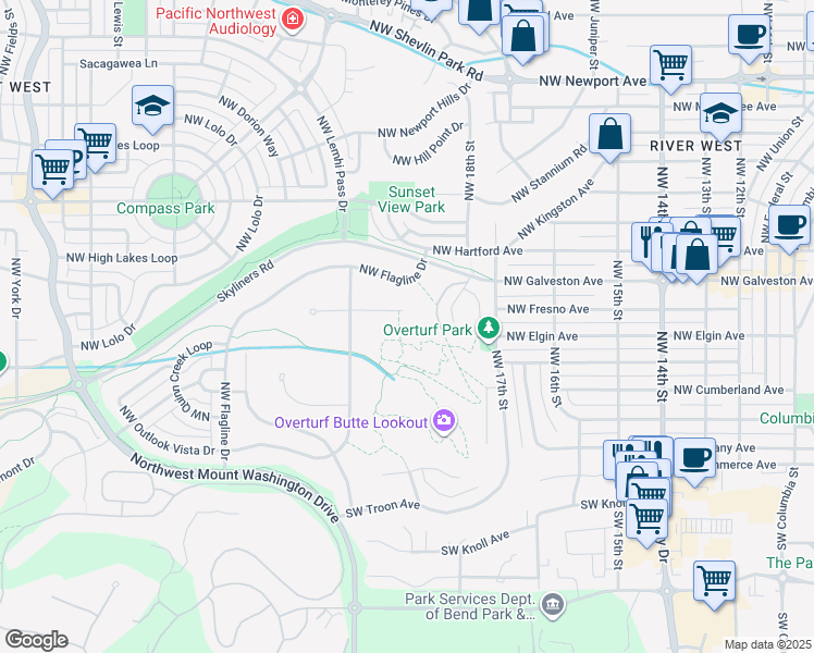 map of restaurants, bars, coffee shops, grocery stores, and more near 1957 Jack Lake Court in Bend