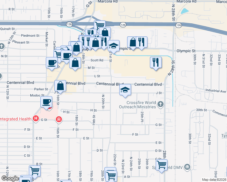 map of restaurants, bars, coffee shops, grocery stores, and more near 2118 J Street in Springfield
