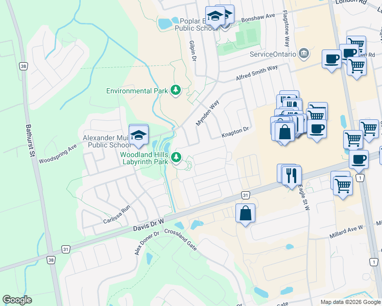 map of restaurants, bars, coffee shops, grocery stores, and more near 130 Tango Crescent in Newmarket