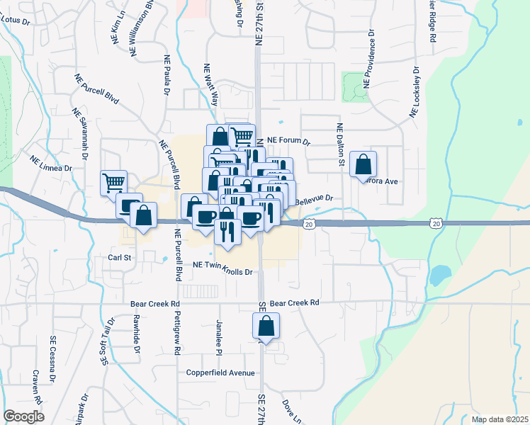 map of restaurants, bars, coffee shops, grocery stores, and more near 547 Northeast Bellevue Drive in Bend