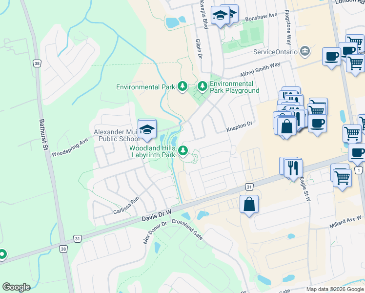map of restaurants, bars, coffee shops, grocery stores, and more near 19 Mynden Way in Newmarket