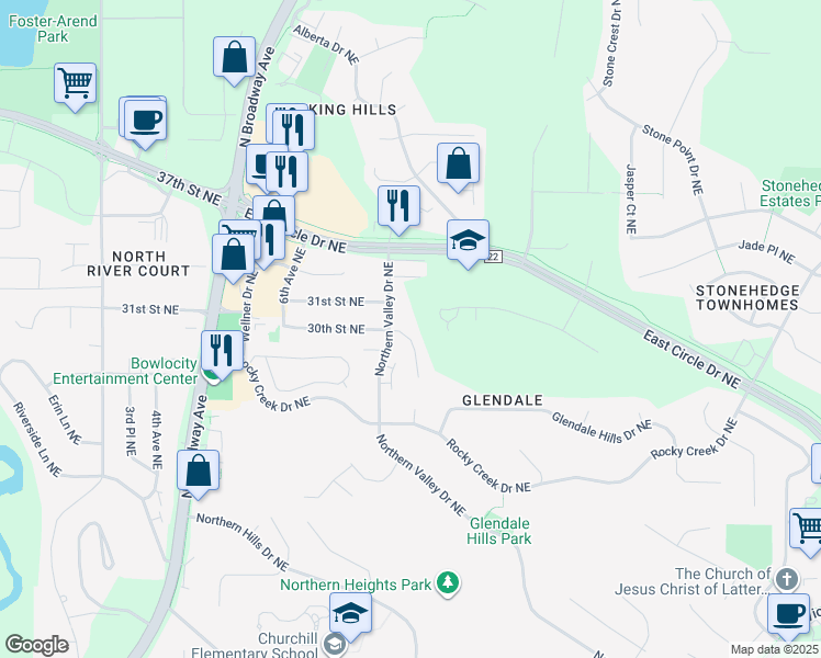 map of restaurants, bars, coffee shops, grocery stores, and more near 2916 Northern Slopes Lane Northeast in Rochester