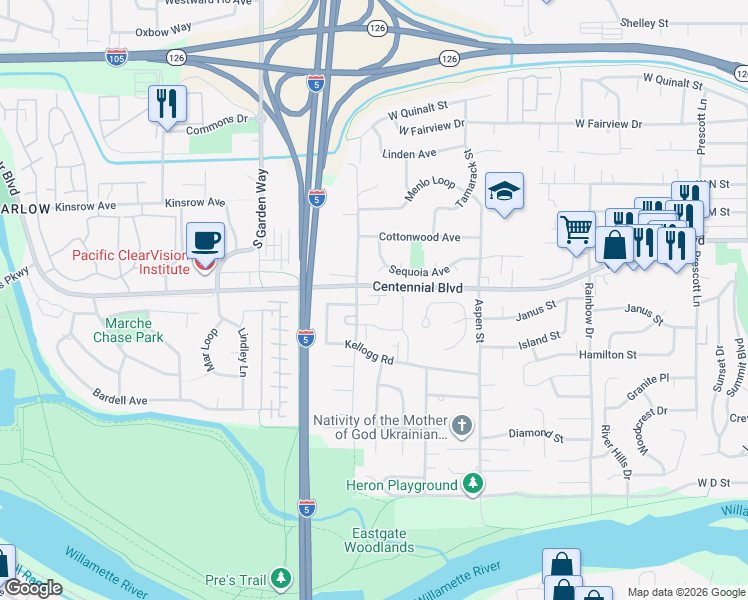 map of restaurants, bars, coffee shops, grocery stores, and more near 1032 Oak Meadows Place in Springfield