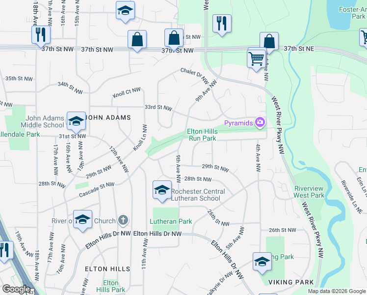 map of restaurants, bars, coffee shops, grocery stores, and more near 904 30th Street Northwest in Rochester