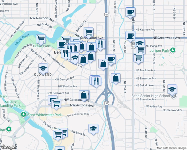 map of restaurants, bars, coffee shops, grocery stores, and more near 414 Northwest Harriman Street in Bend