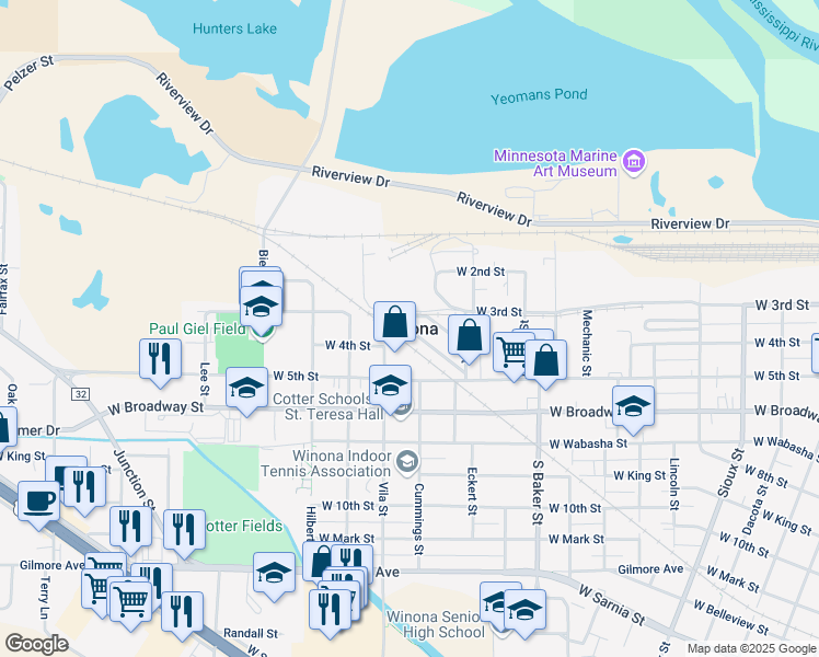 map of restaurants, bars, coffee shops, grocery stores, and more near in Winona